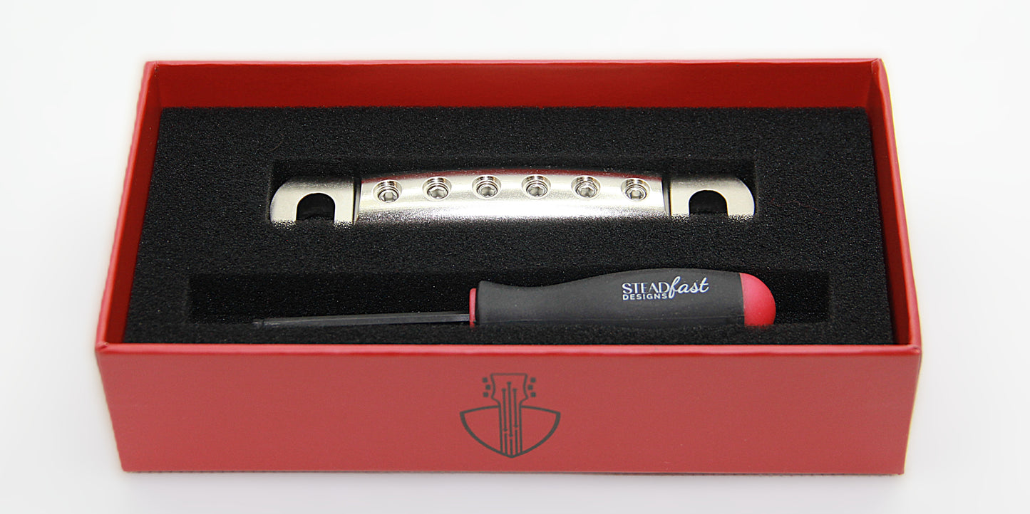Guitar Stopbar with nickel plating in box with hex tool. Lightweight Aluminum CNC locking.