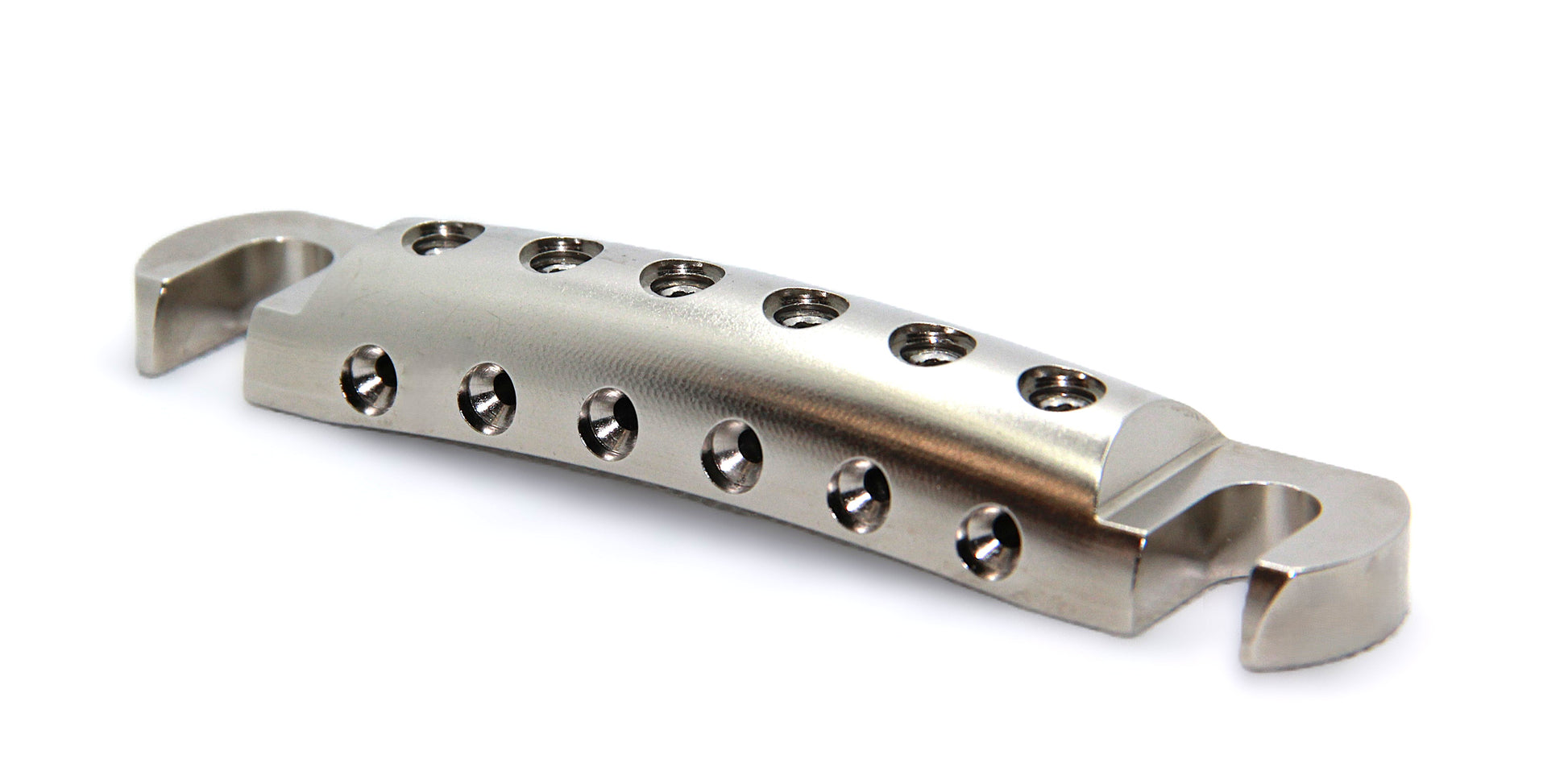 Inexpensive, lightweight, CNC aluminum guitar stopbar.  Nickel plated.