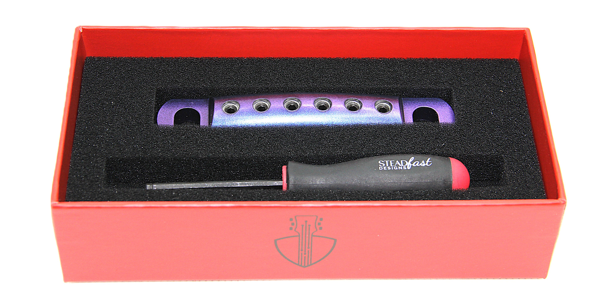 Blue Purple colorshift stopbar for guitars.  Made from lightweight aluminum.  With tool in box.
