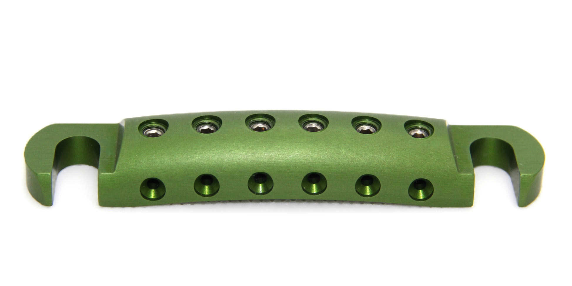 Green Anodized guitar stopbar with stainless steel screws.