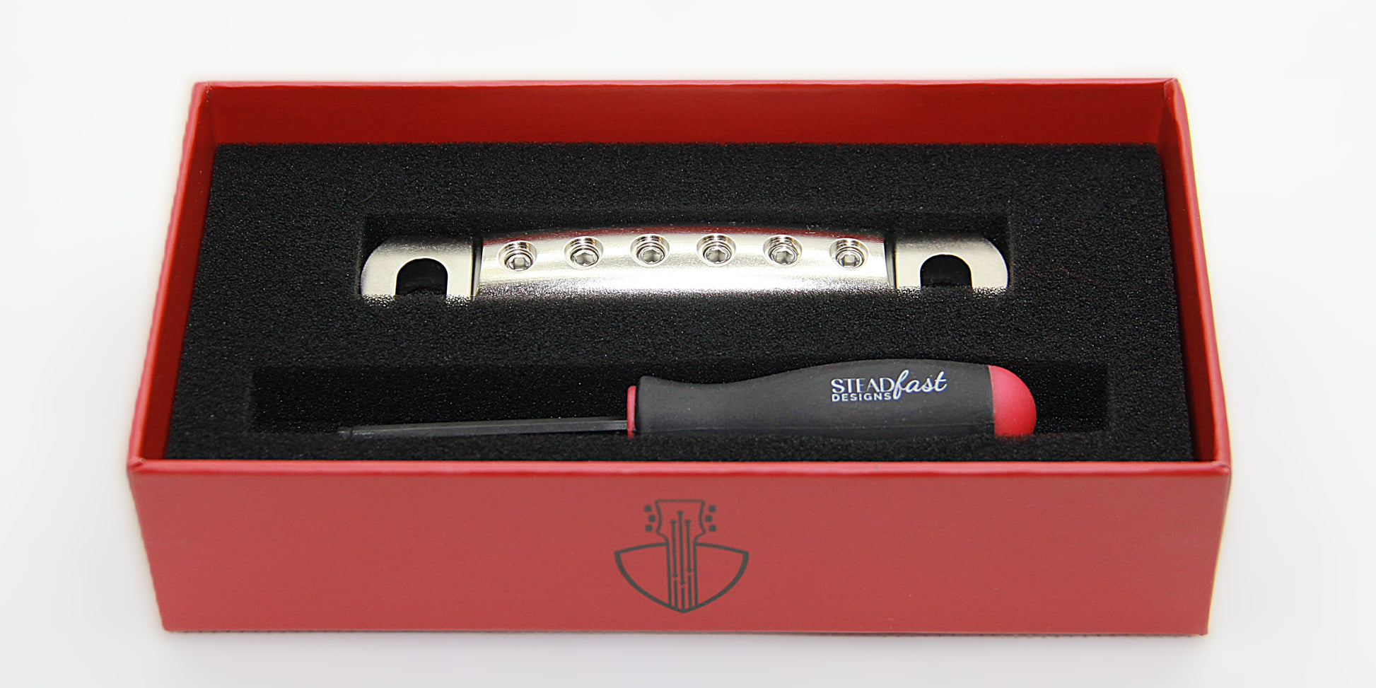 Guitar Stopbar with nickel plating in box with hex tool.  Lightweight Aluminum CNC locking.