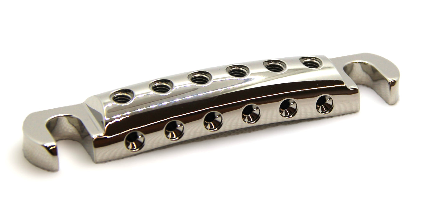 Angled view of nickel plated guitar stopbar made from lightweight CNC aluminum.