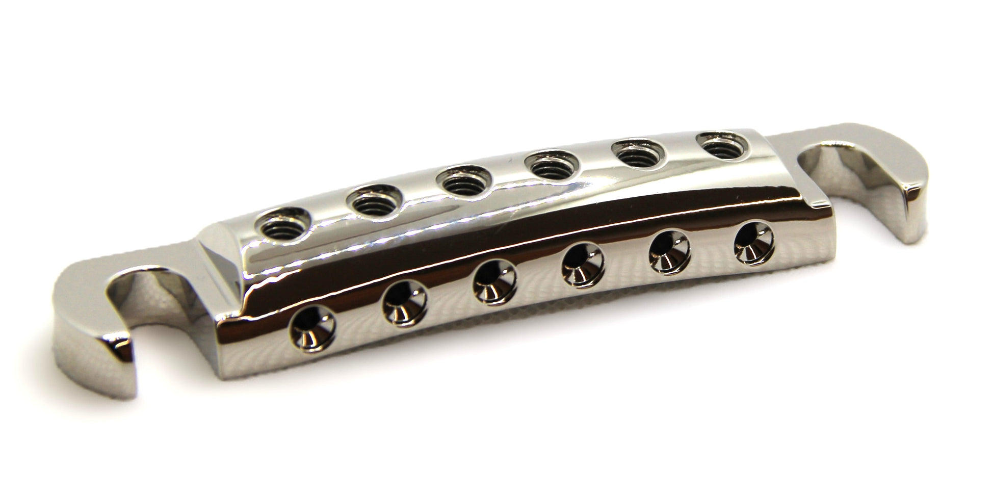Angled view of nickel plated guitar stopbar made from lightweight CNC aluminum.