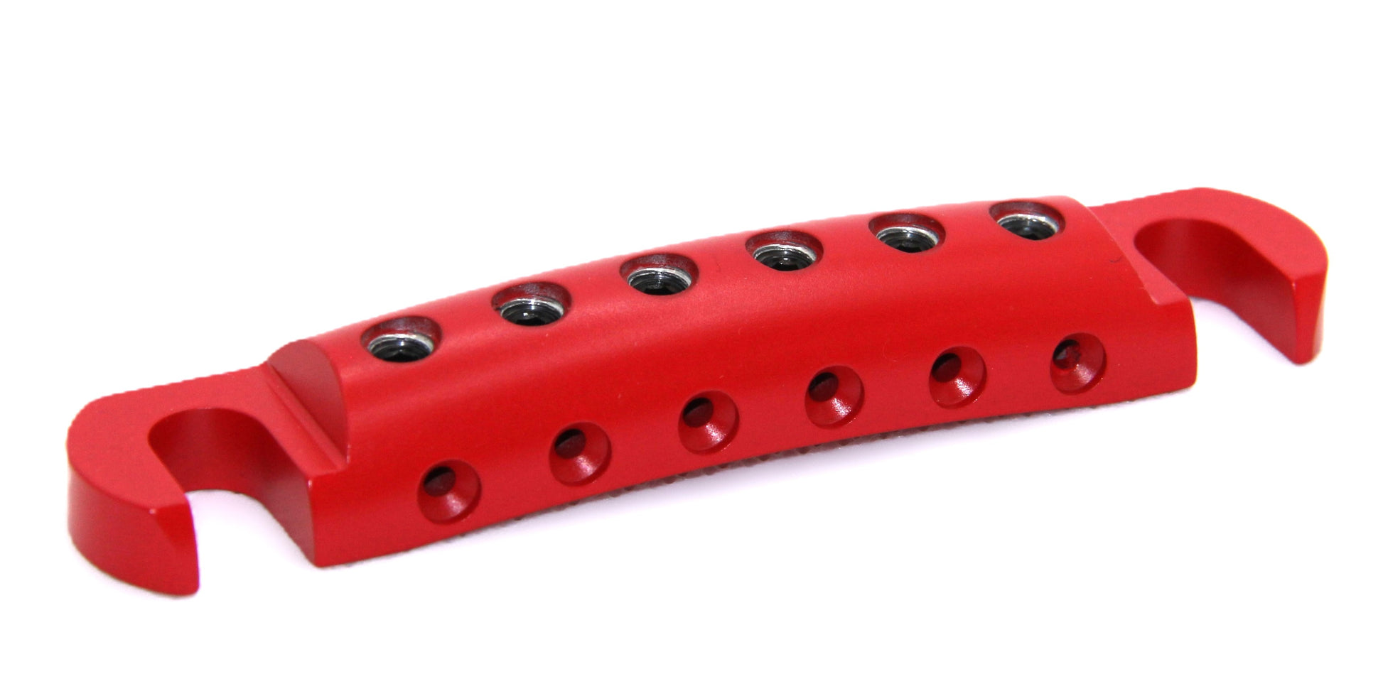 Angled view of aluminum guitar stopbar in bright red.
